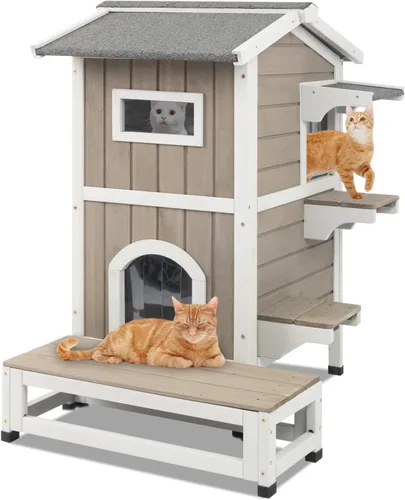 Casa para gatos al aire libre resistente a la intemperie, casa de madera para gatos de dos pisos con techo que se puede abrir, 4 puertas, balcón,