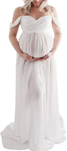 Miniatura 2 de ZIUMUDY Vestido de gasa de maternidad con hombros descubiertos para sesión de fotos, vestido largo de encaje frontal dividido para fotografía