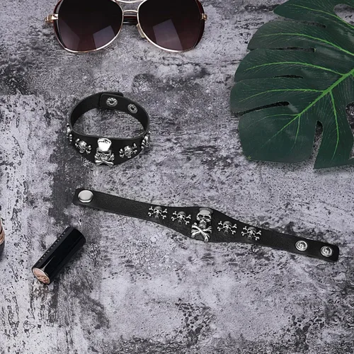 Miniatura 5 de Pulsera de calavera punk, brazalete de esqueleto de piel sintética para fiestas de Halloween, color negro