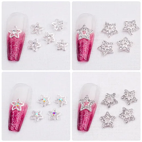 Miniatura 7 de WOKOTO 24 dijes de estrella plateada para uñas, diamantes de imitación para uñas, arte de estrellas 3D, dijes para uñas acrílicas, estrellas 3D