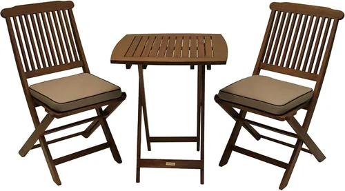 Outdoor Interiors Juego de muebles cuadrados de madera de eucalipto de 3 piezas para exteriores, mesa y 2 sillas con cojines, color beige