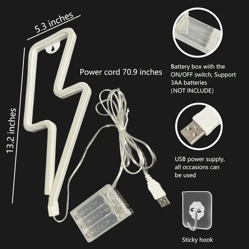 Miniatura 5 de Letreros de Neón Rayo Letrero de Luz de Neón para Decoración de Pared, Alimentado por Batería o USB Luz LED de Rayo Letrero de Neón para Dormitorio