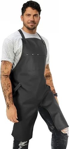 Miniatura 8 de Under NY Sky Delantal negro con espalda cruzada, herrajes cromados, sarga revestida, refuerzo de cuero, pierna dividida, ajustable para hombres