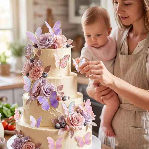 Miniatura 7 de Outus 120 piezas de mariposas 3D para decoración de pasteles, decoración de pasteles, morado, rosa, dorado, para mujeres, cumpleaños, boda, fiesta
