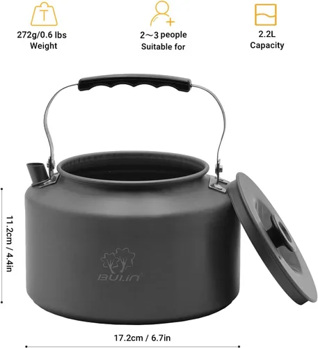 Miniatura 2 de Bulin Hervidor de Camping, Hervidor de Té Grande Portátil de 2.2L para Estufa, Calentamiento Rápido, Agua Caliente Hirviendo para Fuego Abierto