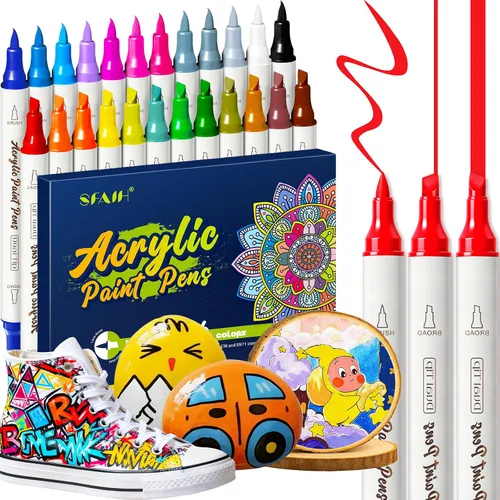 SFAIH Marcadores de pintura acrílica de 24 colores, punta de cincel y pincel, bolígrafos acrílicos sin sangrado para papel, pintura de rocas,