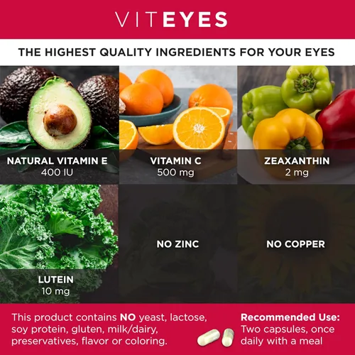 Miniatura 3 de Viteyes AREDS 2 Soporte macular sin zinc, cápsulas naturales sin alérgenos con vitamina E, vitamina C, luteína y zeaxantina, sin zinc, sin cobre