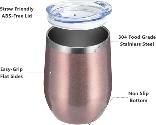 Miniatura 8 de Meway - Vaso de vino con tapa de 12 onzas, sin tallo, doble pared, al vacío, de acero inoxidable, para viajes, mantiene el frío y el calor, para Oro