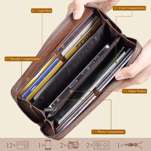 Miniatura 16 de VISOUL Cartera larga de cuero con cremallera para hombres y mujeres con bloqueo RFID, cartera larga de embrague grande con cremallera, Negro