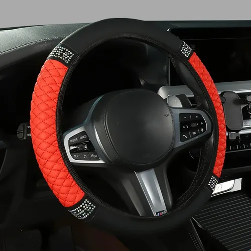 Miniatura 11 de Funda brillante para volante de automóvil, 15 pulgadas, con diamantes de imitación de cuero suave, protector elástico para volante, diamante