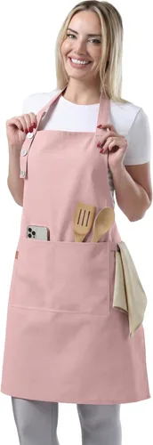 Miniatura 19 de TOSHE Delantal de cocina de algodón resistente a las gotas de agua con delantales ajustables para mujer con bolsillos, 10 opciones de color, Amarillo