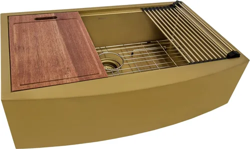 Ruvati RVH9106GG RVH9106GG - Fregadero de cocina con estación de trabajo de oro mate de 30 pulgadas, fregadero de cocina de acero inoxidable en tono