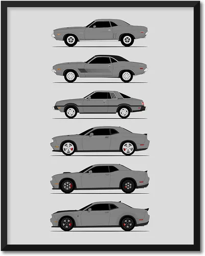 Miniatura 16 de Custom Car Posters Póster hecho a mano compatible con Dodge Challenger Generations e impresión de Challenger SRT, multicolor, impresión metálica