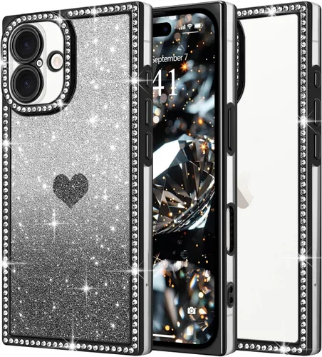 Miniatura 41 de Funda para iPhone 13, funda de diamantes de imitación de lujo con patrón de corazón de amor de cristal [papel con purpurina extraíble], parachoques