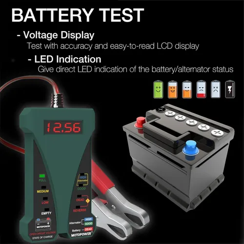 Miniatura 3 de MOTOPOWER Probador de batería digital de 12 V, voltímetro y alternador, analizador de sistema de carga con pantalla LCD e indicación LED, pintura