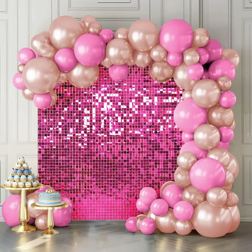 Telón de fondo de pared brillante color rosa intenso, 12 piezas de lentejuelas cuadradas brillantes decoración de fondo de pared para fiesta de
