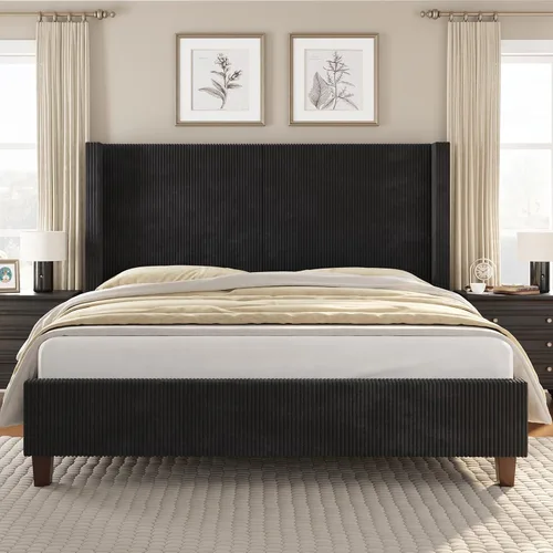 Miniatura 10 de VanAcc Base de cama de plataforma tamaño Queen, cama tapizada de pana de 50.8 pulgadas con cabecera capitonada de canal vertical, listones de Crema