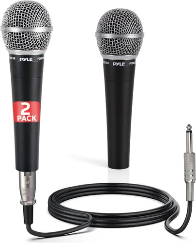 Pyle Micrófono dinámico profesional, paquete de 2 micrófonos de mano unidireccionales con filtro pop integrado, salida de señal alta, cable de audio