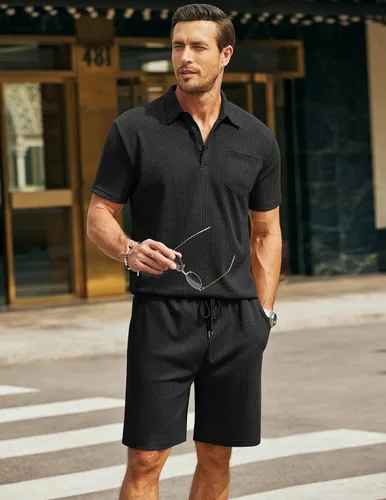 Miniatura 2 de COOFANDY Conjunto de camisa polo y pantalones cortos de punto gofre para hombre, conjunto de 2 piezas, traje de verano casual con bolsillos
