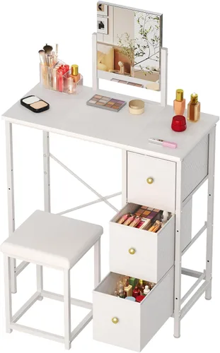 Escritorio pequeño de 27.5 pulgadas con espejo y silla, juego de tocador de maquillaje compacto con silla, tocador pequeño con 3 cajones de tela