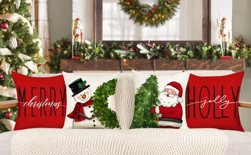 Miniatura 2 de 4TH Emotion Fundas de Almohada Rojas de Navidad 16x16 pulgadas Juego de 4 Decoraciones Estilo Granja Muñeco de Nieve Corona Santa Claus Árbol Feliz