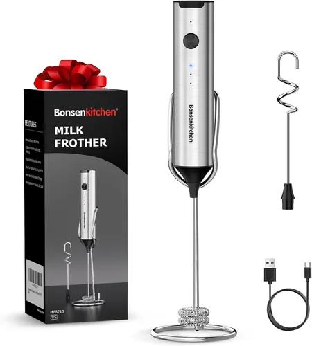 Bonsenkitchen Espumador de leche recargable con soporte, espumador de café de mano de 3 velocidades, batidor de doble resorte, espumador de mano
