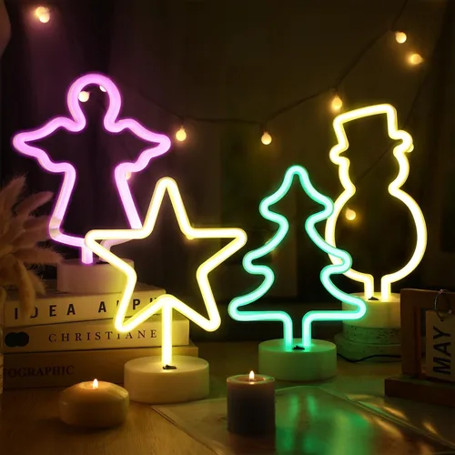 Miniatura 5 de Baquler 4 letreros de neón de Navidad con luz LED de neón con base de soporte, muñeco de nieve iluminado, luces nocturnas con batería o USB