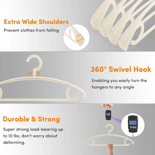 Miniatura 3 de DEDU Perchas de plástico para ropa, paquete de 20 perchas extra gruesas con gancho giratorio de 360° antideslizantes, perchas para suéteres, Beige