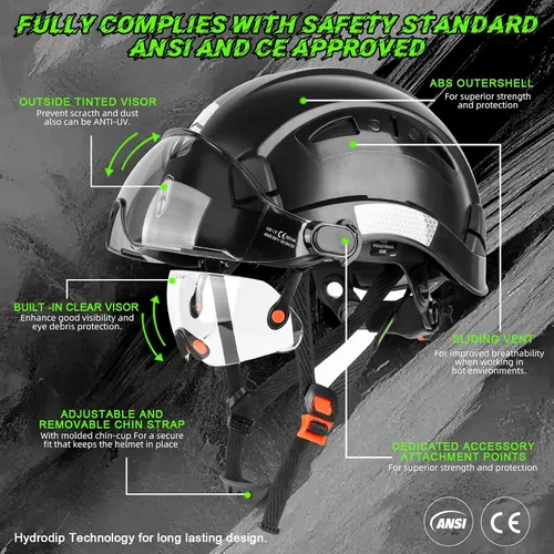 Miniatura 2 de GREEN DEVIL Casco de seguridad con visera tintada y transparente con ventilación Casco de construcción ABS Cascos de construcción para hombres