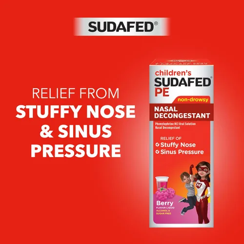 Miniatura 4 de Sudafed Descongestionante Nasal PE Para Niños, Medicina Líquida para el Alivio del Resfriado con Fenilefrina HCl, Sin Alcohol y Sin Azúcar, Sabor a