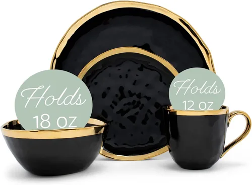 Miniatura 4 de Elanze Designs Juego de vajilla de 16 piezas de platos, tazones y tazas de porcelana cerámica con burbuja metálica - Servicio para 4, negro
