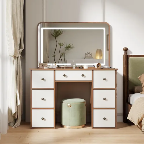 wanan Escritorio de maquillaje con espejo y luces, mesa de tocador de madera con toma de corriente, escritorio de maquillaje con 7 cajones, tocador