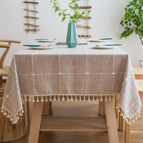 Miniatura 6 de Dimatic Mantel de Algodón y Lino de Peso Pesado - Mantel Redondo de 60 Pulgadas - Cubierta de Mesa con Costura de Borlas para Decoración de Beige