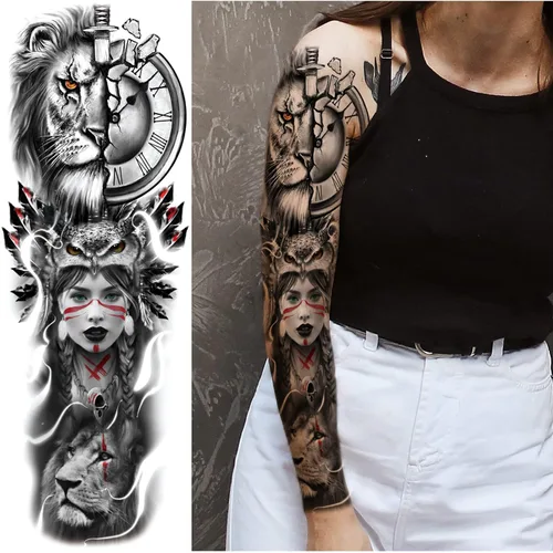 Miniatura 4 de Manga de Tatuaje Temporal de León y Leopardo para Hombres y Mujeres, Manga Completa Grande de Bosque Negro Lobo Tribal, Tatuajes Falsos de Duración