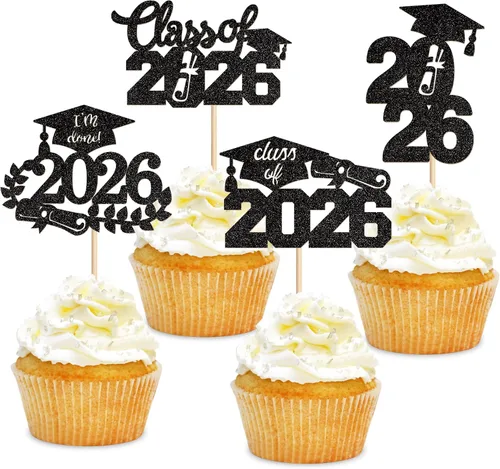 Miniatura 12 de 24 adornos para cupcakes de graduación 2026, selecciones de alimentos/aperitivos para fiesta de graduación, decoración de mini pasteles, adornos