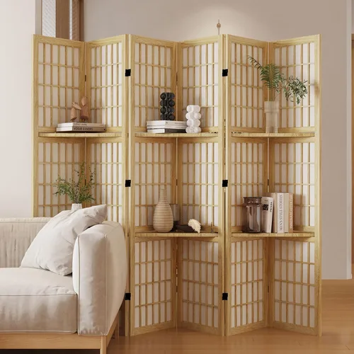Miniatura 9 de Divisor de habitación, pantalla plegable de madera estilo Shoji japonés de 66.9 pulgadas de alto con bisagras dobles para decoración del hogar