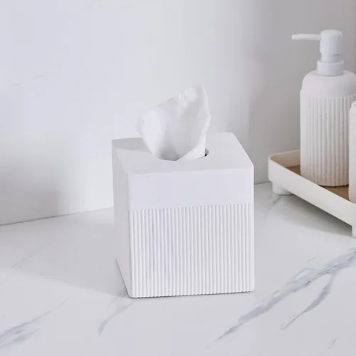 Miniatura 5 de Caja de pañuelos blanca cuadrada de resina para decoración del hogar, soporte de caja de pañuelos de cubo de mármol acanalado vertido a mano – Caja