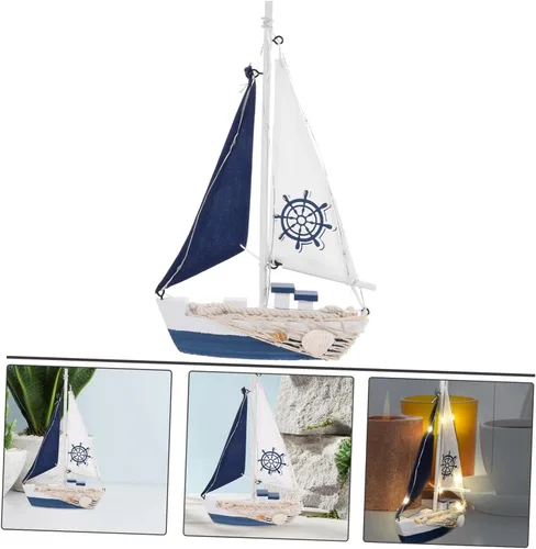 Miniatura 6 de ARTIBETTER Decoración Vela Adornment Escritorio Velero Ornamento Estilo Náutico Velero Modelo Mediterráneo Náutico Barco Modelo LED Madera Oficina