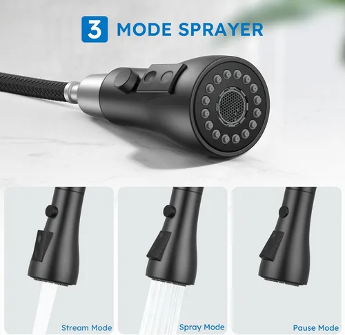 Miniatura 2 de Arofa Grifo de cocina negro mate, grifo de fregadero de cocina con rociador abatible, de una sola manija, de acero inoxidable, comercial, moderno