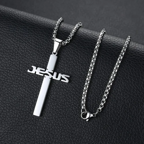 Miniatura 3 de REVEMCN Collar con colgante de cruz de Jesús de acero inoxidable para hombres y mujeres, cadena Rolo de 20 a 24 pulgadas, regalos cristianos