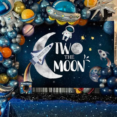 Miniatura 2 de AIBIIN 7x5ft Two the Moon Bckdrop Espacio Exterior Boy 2º cumpleaños Fotografía Fondo Universo Galaxia Cielo Planeta Estrellas Decoraciones