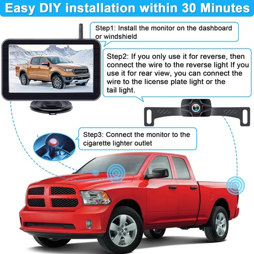 Miniatura 3 de Cámara de respaldo inalámbrica de 7 pulgadas para camión - 2 canales, líneas de cuadrícula DIY, HD 1080P, visión nocturna, impermeable IP69K, cámara