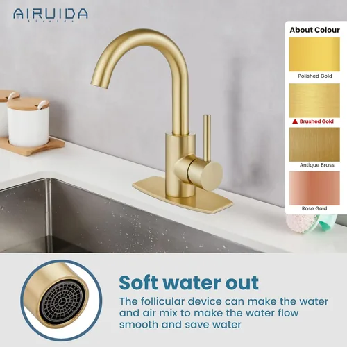 Miniatura 6 de Airuida Grifo de baño de un solo agujero, acero inoxidable giratorio de 360° con drenaje desplegable y placa de cubierta, grifo moderno de barra