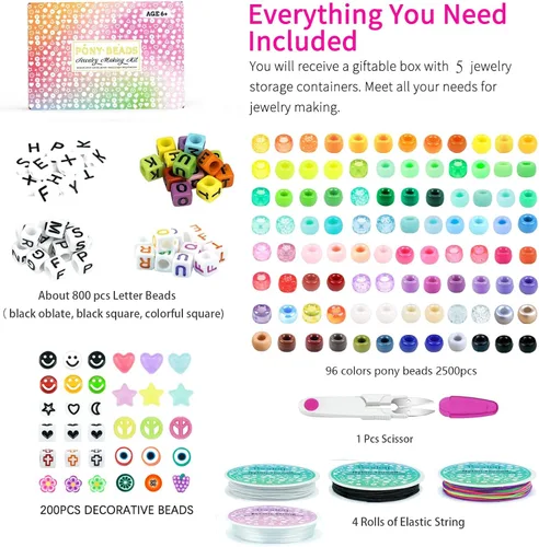 Miniatura 5 de Kit de 5 cajas para hacer pulseras, cuentas de poni, 96 colores, 3500 cuentas Kandi para pulseras con 800 cuentas de letras, pulseras de amistad