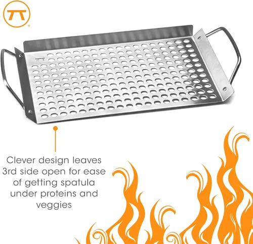 Miniatura 7 de Outset 76631 Rejilla de acero inoxidable para parrilla, sartén de barbacoa de 11 x 7 pulgadas con asas