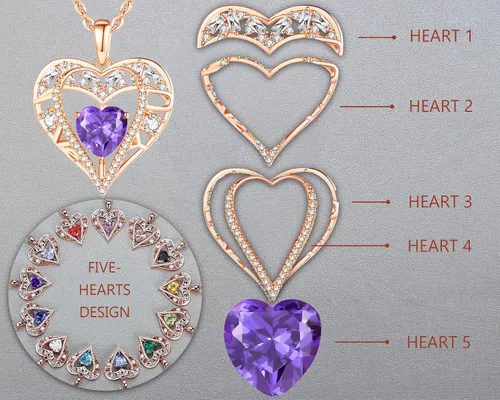 Miniatura 17 de Collar de cristal de 5 corazones, chapado en oro rosa de 18 quilates, colgante con cadena de plata de ley 925 de 18 + 2 pulgadas, joyería de piedra