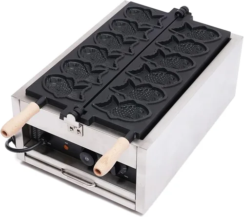 Máquina de gofres en forma de pescado de acero inoxidable antiadherente Mini Taiyaki Maker 6 pequeños gofres en forma de pescado 110 V 2.4 KW