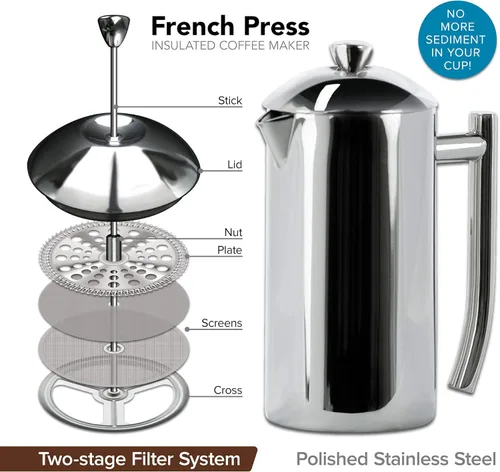 Miniatura 2 de Frieling USA cafetera francesa de acero inoxidable, con paredes dobles, con rejilla doble patentada, pulida, de 36 onzas, Estándar- Pulido, Pulido