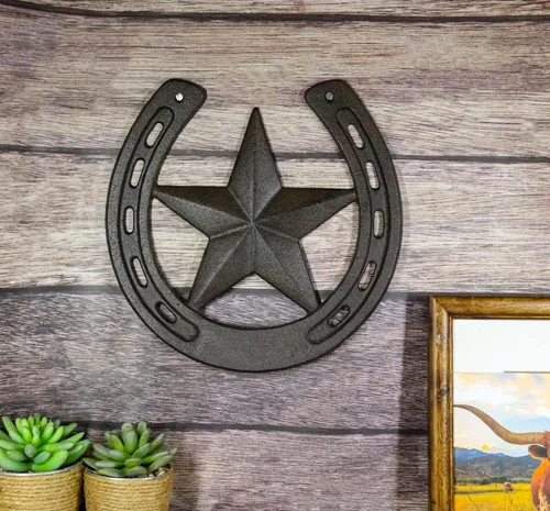 Miniatura 9 de Ebros Gift Herradura de metal de hierro fundido rústico de 10 anchos con decoración de pared de estrella occidental, placa de arte recortada