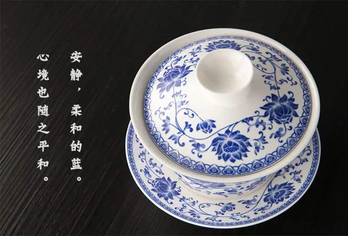 Miniatura 3 de Liang baobao Juego de Té Tradicional Gaiwan con Tapa y Platillo Taza de Té Gongfu de Porcelana Diseño Azul de Loto Tazas de 200ml